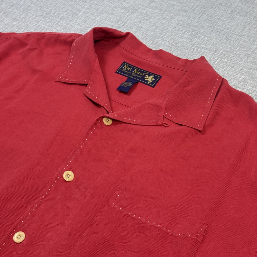 Nat Nast Loop Collar Camp Button-Up Shirt Mens XL Red Silk Twill Short Sleeve